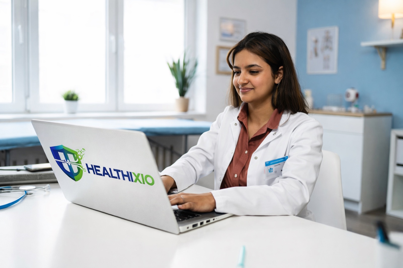 A doctor working on Healthixio at a clinic desk